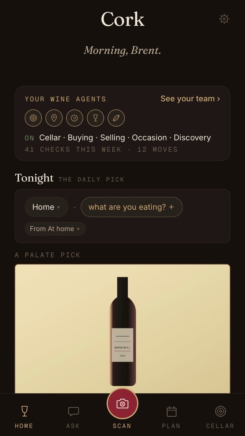Cork's Home screen: the wine agents row showing Cellar, Buying, Selling, Occasion and Discovery switched on, and tonight's daily pick.