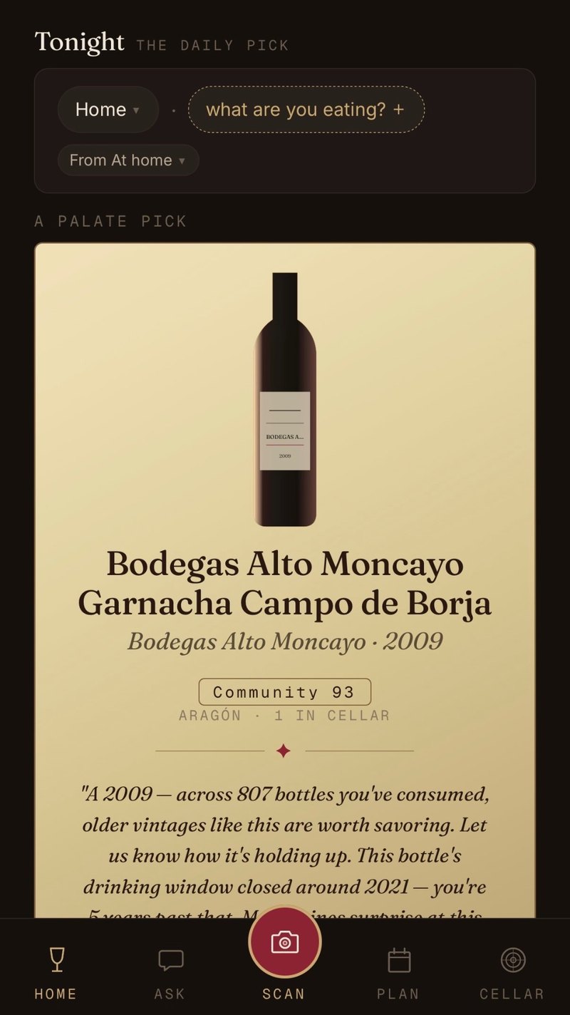 Cork's daily pick: a 2009 Bodegas Alto Moncayo Garnacha, chosen from the cellar with the reasoning behind it.