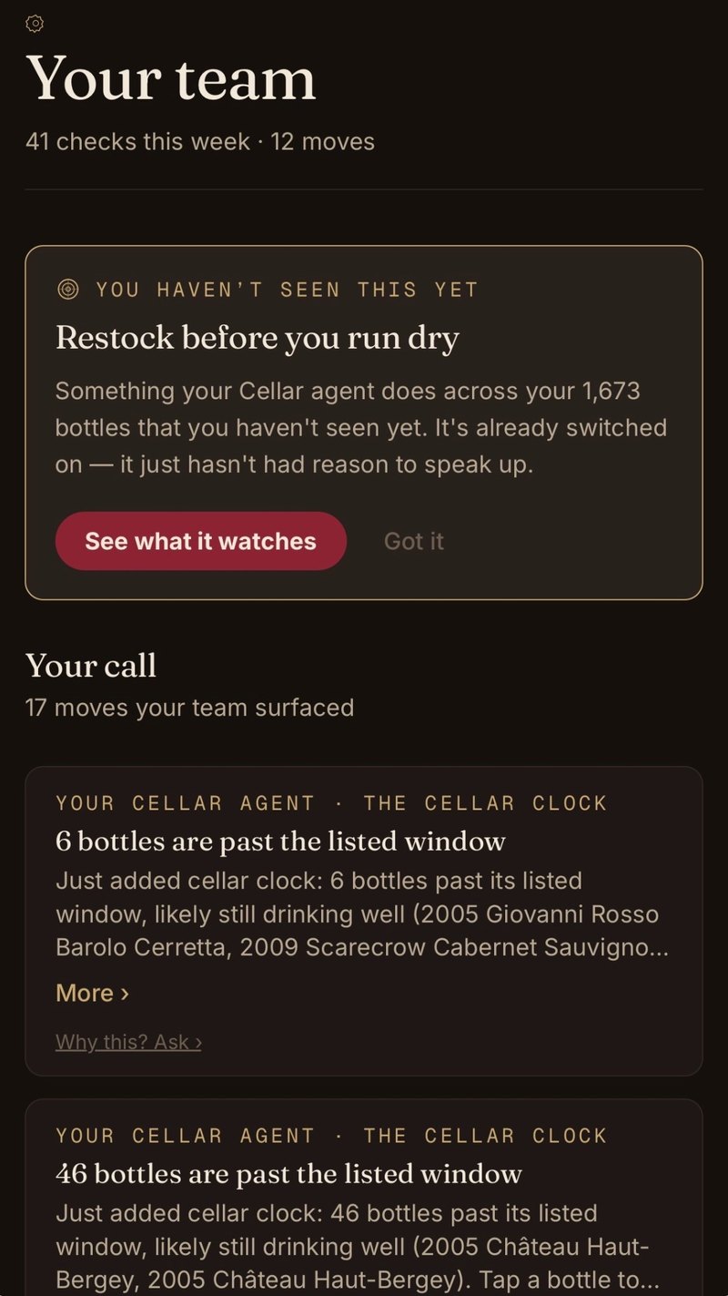 Cork's Your team screen: 41 checks this week, 12 moves, and the calls the Cellar agent has surfaced.