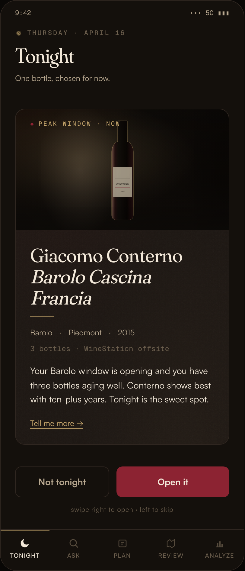 Cork's Tonight screen: the single bottle chosen to open tonight, a 2015 Giacomo Conterno Barolo, at its peak window.